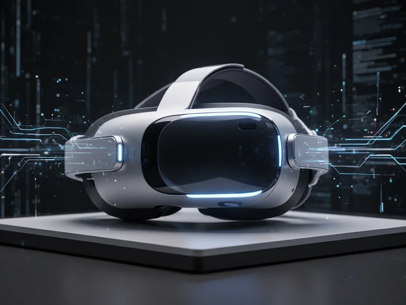 Eine futuristische Virtual-Reality-Brille mit subtilem Leuchten auf einem minimalistischen Display vor einem dunklen, technologieinspirierten Hintergrund. - Foto: über boerse-global.de