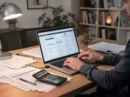 A person works on a laptop at a desk, surrounded by financial documents and a calculator, in a bright home office setting. - Foto: über boerse-global.de