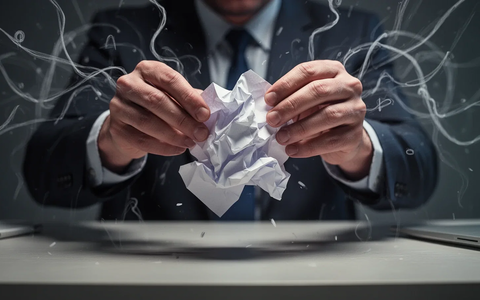 Hände halten ein zerknülltes Stück Papier über einem Schreibtisch, unscharfe Formen im Hintergrund symbolisieren negative Gedanken oder Stress. - Foto: über boerse-global.de