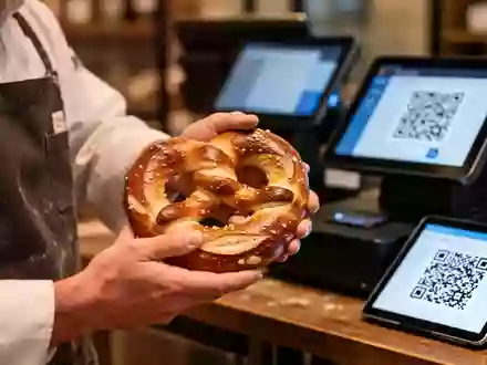 A baker's hands holding a pretzel, with a blurred digital tablet displaying a QR code and a modern POS system in the background. - Foto: über boerse-global.de