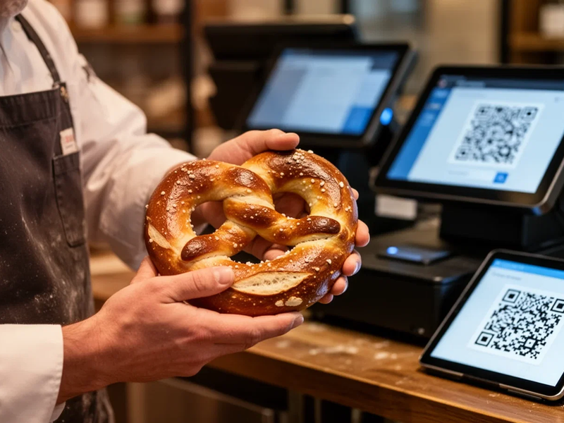 A baker's hands holding a pretzel, with a blurred digital tablet displaying a QR code and a modern POS system in the background. - Foto: über boerse-global.de