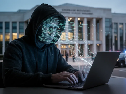Eine Person im Hoodie tippt auf einem Laptop, umgeben von abstrakten Code-Linien, die KI-Missbrauch und Cyberkriminalität symbolisieren. - Foto: über boerse-global.de