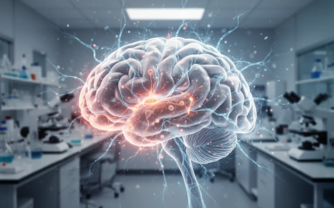 Eine stilisierte Darstellung eines Gehirns mit leuchtenden neuronalen Pfaden, überlagert von einem unscharfen medizinischen Laborhintergrund. - Foto: über boerse-global.de