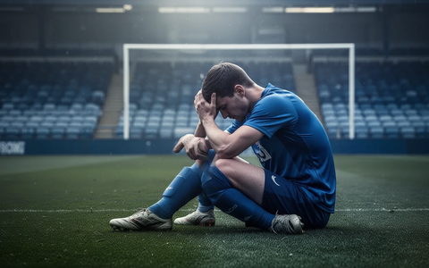 Ein Fußballspieler sitzt allein auf einem leeren Spielfeld, den Kopf in den Händen, was Nachdenklichkeit und Verletzlichkeit symbolisiert. - Foto: über boerse-global.de