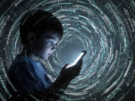 Eine Kindersilhouette blickt auf ein leuchtendes Smartphone, umgeben von einem Wirbel aus digitalen Daten und Gesetzestexten. - Foto: über boerse-global.de