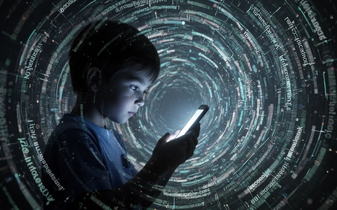 Eine Kindersilhouette blickt auf ein leuchtendes Smartphone, umgeben von einem Wirbel aus digitalen Daten und Gesetzestexten. - Foto: über boerse-global.de