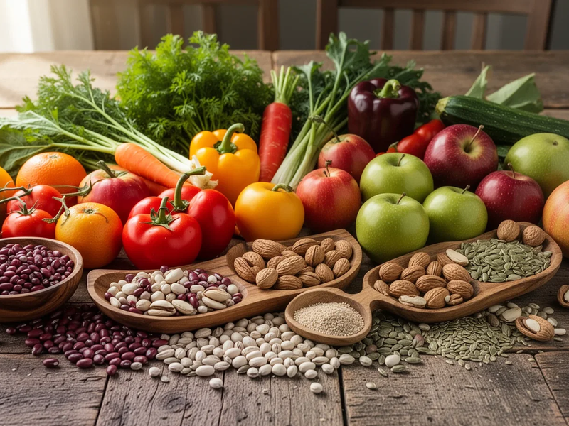 Eine Stillleben-Anordnung von frischem Gemüse, Obst, Hülsenfrüchten und Nüssen auf einem Holztisch, das gesunde Ernährung symbolisiert. - Foto: über boerse-global.de