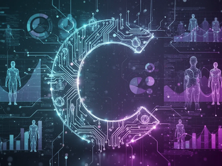 A glowing, abstract neural network or circuit board forming a 'C' shape, with digital data flowing over human silhouettes. - Foto: über boerse-global.de
