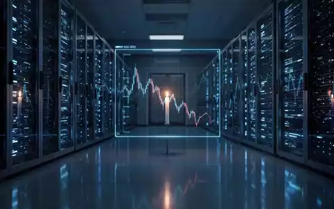 Ein dunkler Serverraum mit blau leuchtenden KI-Servern und einem subtilen, leicht fallenden digitalen Kerzenchart auf einem Bildschirm. - Foto: über boerse-global.de