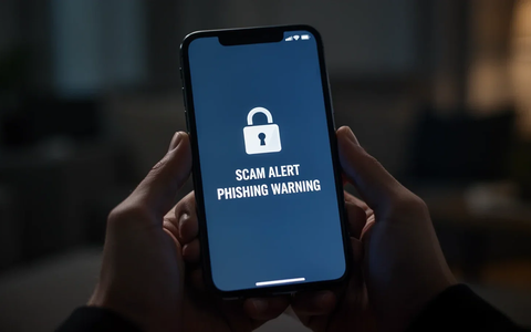 Nahaufnahme eines Smartphones mit einer Betrugswarnung auf dem Bildschirm, gehalten von Händen in einem dunklen Raum. - Foto: über boerse-global.de