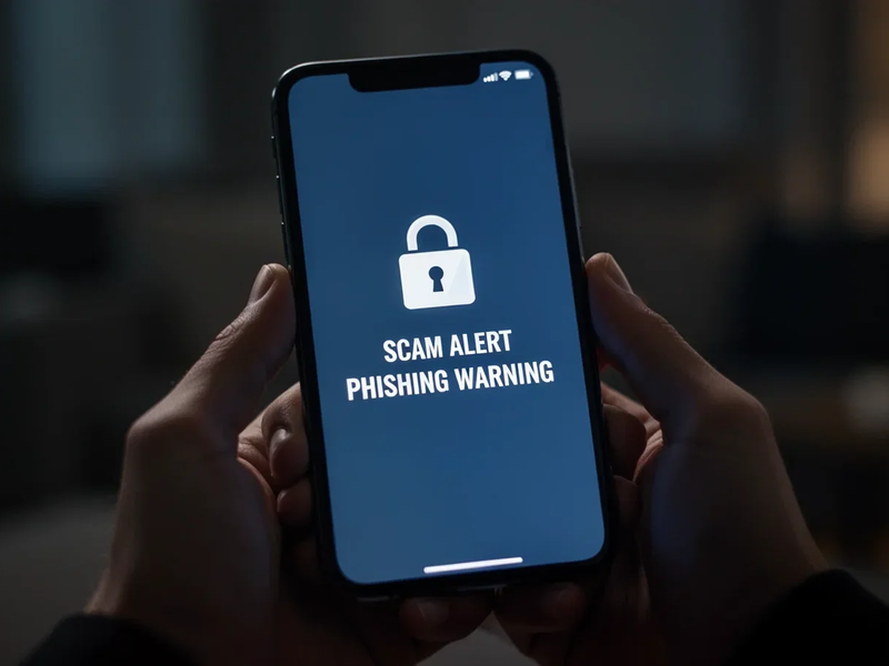 Nahaufnahme eines Smartphones mit einer Betrugswarnung auf dem Bildschirm, gehalten von Händen in einem dunklen Raum. - Foto: über boerse-global.de