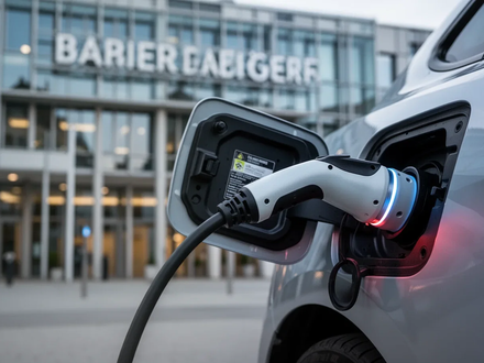 An electric car charging port connected to a cable, with a blurred modern building in the background, symbolizing new policies for EV charging. - Foto: über boerse-global.de