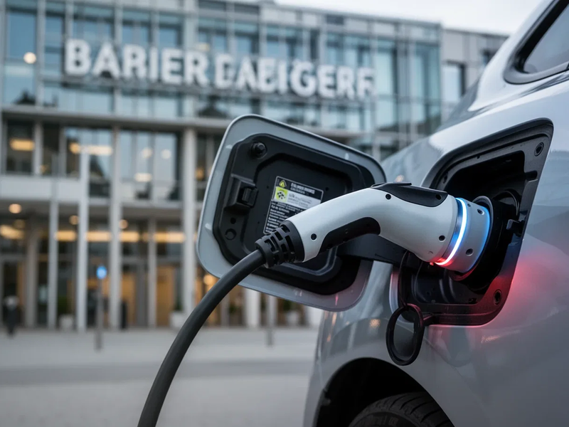 An electric car charging port connected to a cable, with a blurred modern building in the background, symbolizing new policies for EV charging. - Foto: über boerse-global.de