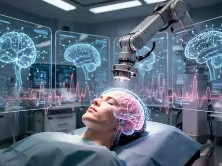 Futuristischer Operationssaal mit leuchtenden neuronalen Netzwerken, einem Roboterarm über einem Patienten und Gehirnaktivitätsmustern. - Foto: über boerse-global.de