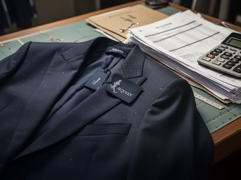 A luxury fashion garment with a 'McQueen' tag, financial documents, and a calculator on a tailor's table. - Foto: über boerse-global.de