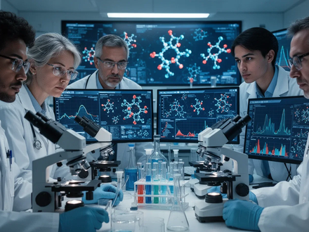 Medical researchers in a modern lab, focused on scientific instruments and digital displays showing molecular structures. - Foto: über boerse-global.de