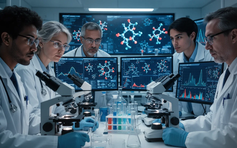 Medical researchers in a modern lab, focused on scientific instruments and digital displays showing molecular structures. - Foto: über boerse-global.de
