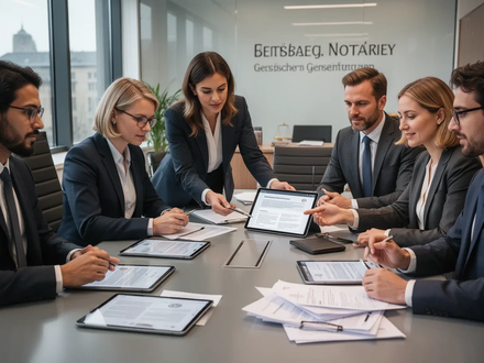 Diverse legal professionals and new hires working collaboratively in a modern German notary office, using digital tools. - Foto: über boerse-global.de