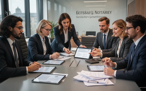 Diverse legal professionals and new hires working collaboratively in a modern German notary office, using digital tools. - Foto: über boerse-global.de