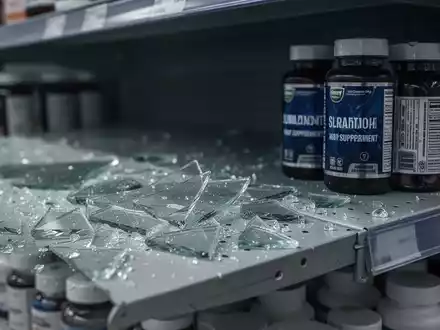Scherben von Glas auf einem Regal neben Nahrungsergänzungsmittelflaschen, was einen Produktrückruf symbolisiert. - Foto: über boerse-global.de