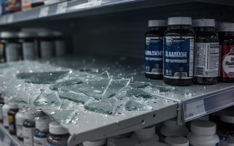 Scherben von Glas auf einem Regal neben Nahrungsergänzungsmittelflaschen, was einen Produktrückruf symbolisiert. - Foto: über boerse-global.de