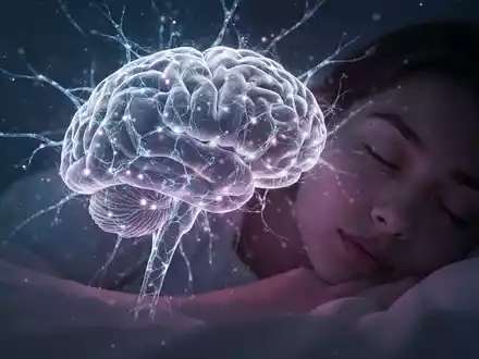 Ein stilisiertes Gehirn mit leuchtenden Neuronen, teilweise von der unscharfen Silhouette eines schlafenden Menschen verdeckt. - Foto: über boerse-global.de