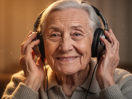 Älterer Mensch mit Demenz hört Musik über Kopfhörer und lächelt. Die Hände halten die Kopfhörer sanft. - Foto: über boerse-global.de