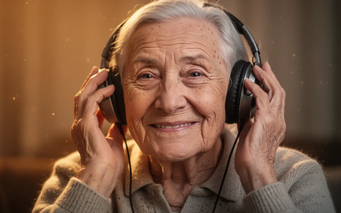 Älterer Mensch mit Demenz hört Musik über Kopfhörer und lächelt. Die Hände halten die Kopfhörer sanft. - Foto: über boerse-global.de