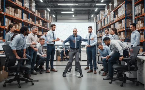 Mitarbeiter nehmen an einer Ergonomie-Schulung in einem Lager oder Büro teil, lernen rückenschonendes Heben und korrekte Körperhaltung. - Foto: über boerse-global.de