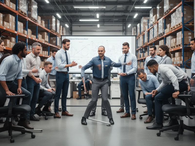 Mitarbeiter nehmen an einer Ergonomie-Schulung in einem Lager oder Büro teil, lernen rückenschonendes Heben und korrekte Körperhaltung. - Foto: über boerse-global.de