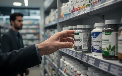 Eine Hand greift nach einer Nahrungsergänzungsmittelflasche in einem modernen Geschäft, das Nachdenklichkeit ausdrückt. - Foto: über boerse-global.de