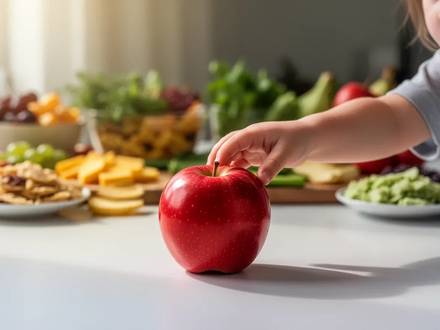 Eine Kinderhand greift nach einem leuchtend roten Apfel auf einem hellen Tisch, im Hintergrund verschwommenes Obst. - Foto: über boerse-global.de