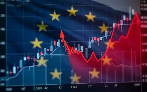 Ein stark fallender roter Börsenchart mit EU-Flagge im Hintergrund, symbolisiert einen Kursrückgang nach EU-Prüfung. - Foto: über boerse-global.de