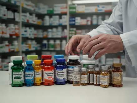 Hände eines Apothekers ordnen verschiedene bunte Nahrungsergänzungsmittel- und Medikamentenflaschen auf einer Theke an. - Foto: über boerse-global.de
