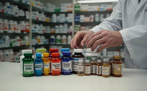 Hände eines Apothekers ordnen verschiedene bunte Nahrungsergänzungsmittel- und Medikamentenflaschen auf einer Theke an. - Foto: über boerse-global.de