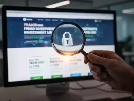 Eine Hand hält eine Lupe über einen Computerbildschirm, der eine betrügerische Finanzwebsite mit Anlagebetrug zeigt. - Foto: über boerse-global.de
