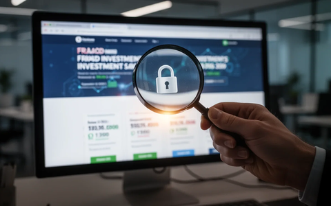 Eine Hand hält eine Lupe über einen Computerbildschirm, der eine betrügerische Finanzwebsite mit Anlagebetrug zeigt. - Foto: über boerse-global.de