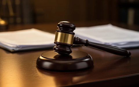 A judge's gavel rests on a polished wooden desk, with blurred legal documents in the background, lit by warm light. - Foto: über boerse-global.de
