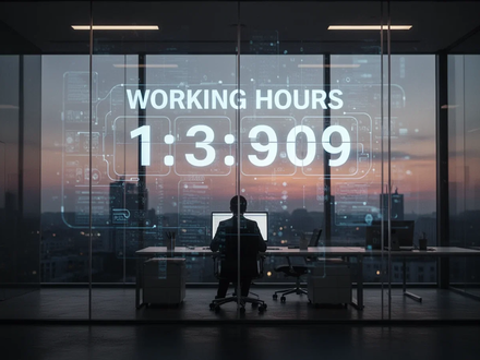A digital clock displaying working hours projected onto a glass office wall, with a blurred silhouette of a person working. - Foto: über boerse-global.de