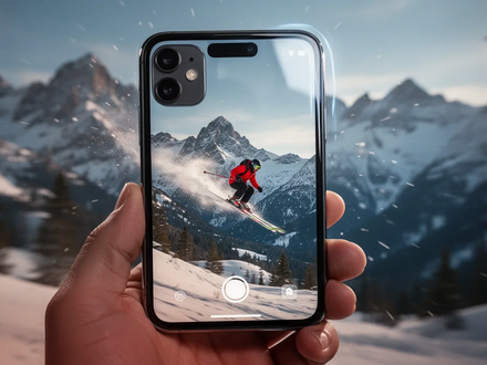 A close-up of an iPhone's camera lens, capturing a blurred image of a skier descending a snowy mountain. - Foto: über boerse-global.de