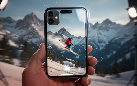 A close-up of an iPhone's camera lens, capturing a blurred image of a skier descending a snowy mountain. - Foto: über boerse-global.de