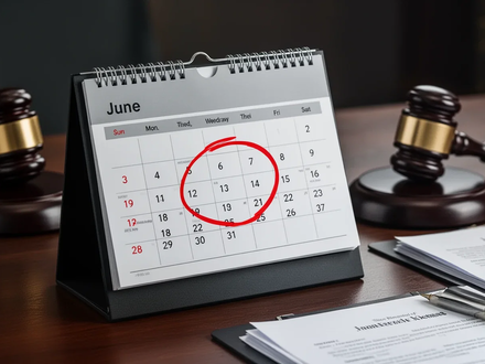 A desk calendar with June 3rd circled in red, a gavel, and legal documents, symbolizing legal rulings on work schedules. - Foto: über boerse-global.de