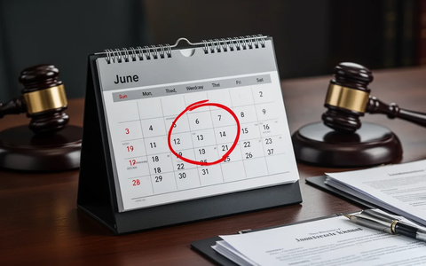 A desk calendar with June 3rd circled in red, a gavel, and legal documents, symbolizing legal rulings on work schedules. - Foto: über boerse-global.de