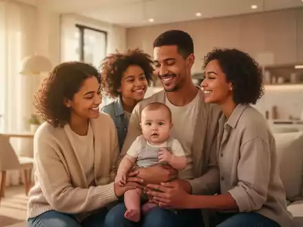 A happy young family with a baby in a bright, modern home, symbolizing financial support and family well-being. - Foto: über boerse-global.de