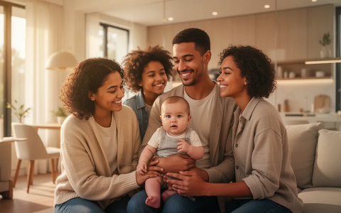 A happy young family with a baby in a bright, modern home, symbolizing financial support and family well-being. - Foto: über boerse-global.de