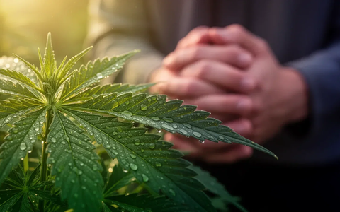 Nahaufnahme eines Cannabisblatts mit Tautropfen, sanft beleuchtet, mit verschwommenen, ruhig gefalteten Händen im Hintergrund. - Foto: über boerse-global.de