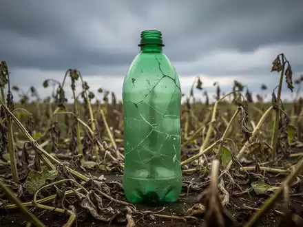 Eine einzelne, rissige grüne Plastikflasche inmitten eines Feldes welker Pflanzen unter einem dramatischen, bewölkten Himmel. - Foto: über boerse-global.de