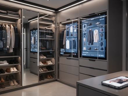 A modern entryway with modular storage, digital screens showing clothing inventory, and a smartphone with a fashion app. - Foto: über boerse-global.de