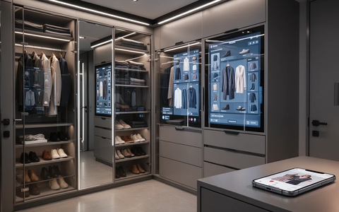 A modern entryway with modular storage, digital screens showing clothing inventory, and a smartphone with a fashion app. - Foto: über boerse-global.de
