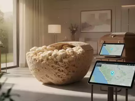 A biodegradable mushroom-based coffin next to a digital tablet displaying a tracking app, in a modern, serene setting. - Foto: über boerse-global.de